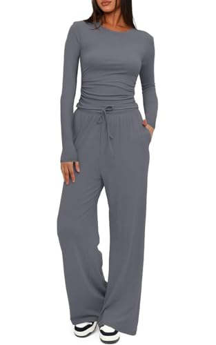 Joligiao Zweiteiler Damen Tracksuit Trainingsanzug Set Langarm Rundhalsausschnitt Jogginganzug Hausanzug Slim Fit Sweatshirt und Weites Bein Hose mit Taschen Freizeitanzug Sportanzug (Tiefgrau,XL) von Joligiao