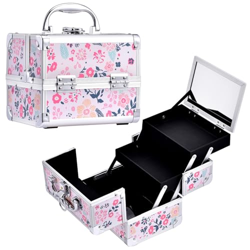 Joligrace Mädchen Make-up-Box mit Spiegel, Kosmetikkoffer, Schmuck-Organizer, leicht, abschließbar mit Schlüssel, Beige Disty Florals von Joligrace