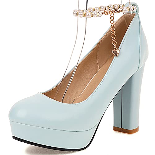 Joliss Damen Ankle Beaded Mary Jane Schuhe Damen Blockabsatz Plateau Mary Jane Schuhe Blau Gr 39 EU/40Cn von Joliss