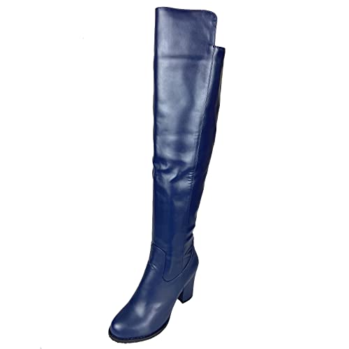 Joliss Damen Blockabsatz Mode Overknees Boots Damen Reißverschluss Runde Zehen Kniestiefel Mitte Absatz Overknees Stiefel Blau Gr 40 EU/41Cn von Joliss