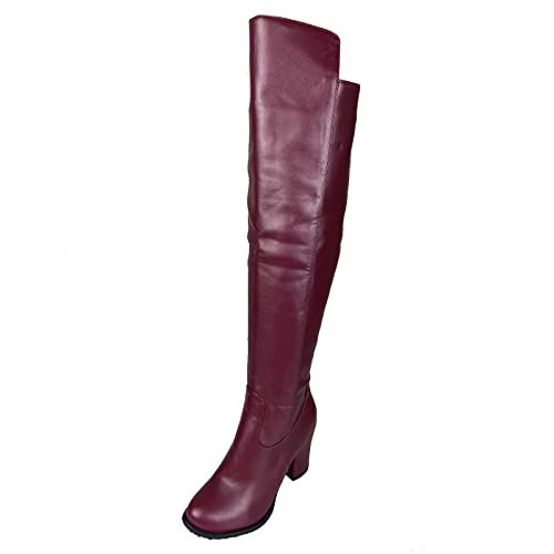 Joliss Damen Blockabsatz Mode Overknees Boots Damen Reißverschluss Runde Zehen Kniestiefel Mitte Absatz Overknees Stiefel Rotwein Gr 50 EU/52Cn von Joliss
