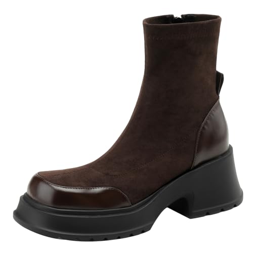 Joliss Damen Blockabsatz Plateau Ankleboots Klassische Back Zip Stiefeletten Runde Zehen Winter Stiefeletten Braun Gr 34 EU von Joliss