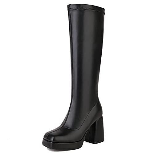 Joliss Damen Blockabsatz Stretch Stiefel Damen Plateau Kniestiefel Damen Square Toe Kniestiefel Damen Ohne Verschluss Abend Stretch Stiefel Schwarz Gr 38 EU/39Cn von Joliss