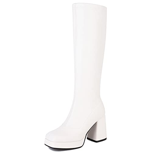 Joliss Damen Blockabsatz Stretch Stiefel Damen Plateau Kniestiefel Damen Square Toe Kniestiefel Damen Ohne Verschluss Abend Stretch Stiefel Weiß Gr 35 Eu von Joliss