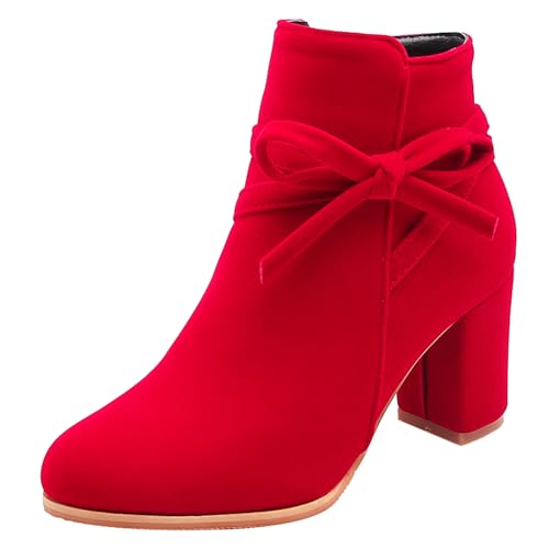 Joliss Damen Elegant Winterschuhe Blockabsatz Zip Stiefeletten Höhe Ferse Kleid Stiefeletten Bogen Party Schuhe Rot Gr 38 EU/39Cn von Joliss