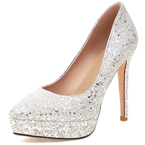 Joliss Damen Glitzer Hochzeit Schuhe Damen Höhe Ferse Plateau Pumps Damen Pointed Toe Abend Kleid Schuhe Weiß Gr 40 EU/41Cn von Joliss