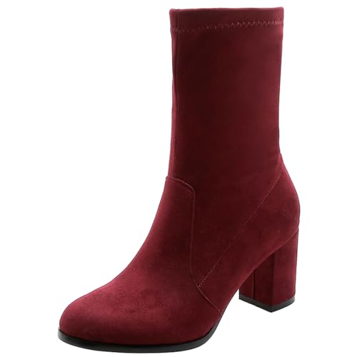 Joliss Damen Höhe Ferse Stiefel Blockabsatz Stiefeletten Runde Zehen Ohne Verschluss Winter Anzugstiefel Rotwein-Rl Gr 37 EU/38Cn von Joliss