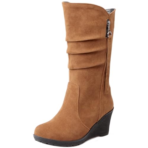 Joliss Damen Keilabsatz Hohe Stiefel Runde Zehen Slip-On-Stiefel Warm Winter Lining Lockere Stiefel Gelb-Dl Gr 45 EU/47Cn von Joliss