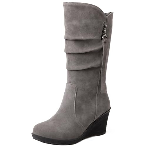 Joliss Damen Keilabsatz Hohe Stiefel Runde Zehen Slip-On-Stiefel Warm Winter Lining Lockere Stiefel Grau-Hm Gr 37 EU/38Cn von Joliss