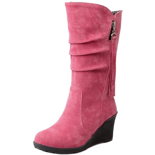 Joliss Damen Keilabsatz Hohe Stiefel Runde Zehen Slip-On-Stiefel Warm Winter Lining Lockere Stiefel Pink-Hm Gr 38 EU/39Cn von Joliss
