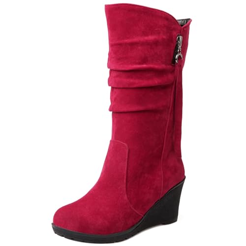 Joliss Damen Keilabsatz Hohe Stiefel Runde Zehen Slip-On-Stiefel Warm Winter Lining Lockere Stiefel Rot-Dl Gr 38 EU/39Cn von Joliss