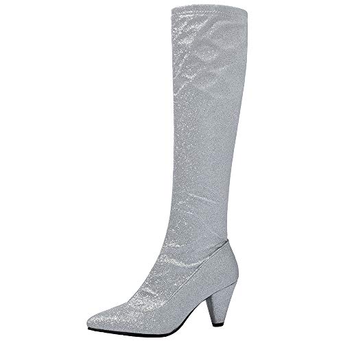 Joliss Damen Kitten Heel Overknees Stiefel Pointed Toe Zip Mittelhohe Stiefel Leisure Kleid Stretch Stiefel Silber Gr 42 EU/44Cn von Joliss