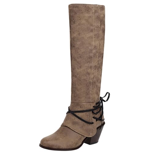 Joliss Damen Klassische Westernstiefel Blockabsatz Overknees Stiefel mit Schnalle Schnürsenkel Runde Zehen Ohne Verschluss Mittelhohe Stiefel Westernabsatz Cowboystiefel Kaffee Gr 40 EU/41Cn von Joliss