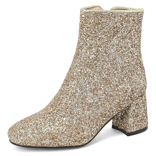 Joliss Damen Mode Glitzer Stiefeletten Runde Zehen Stiefeletten Blockabsatz Zip Stiefeletten Abend Anzugstiefel Gold Gr 41 EU/43Cn von Joliss