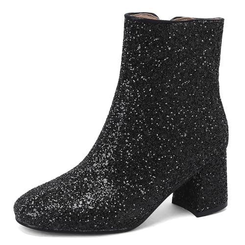 Joliss Damen Mode Glitzer Stiefeletten Runde Zehen Stiefeletten Blockabsatz Zip Stiefeletten Abend Anzugstiefel Schwarz Gr 44 EU/46Cn von Joliss