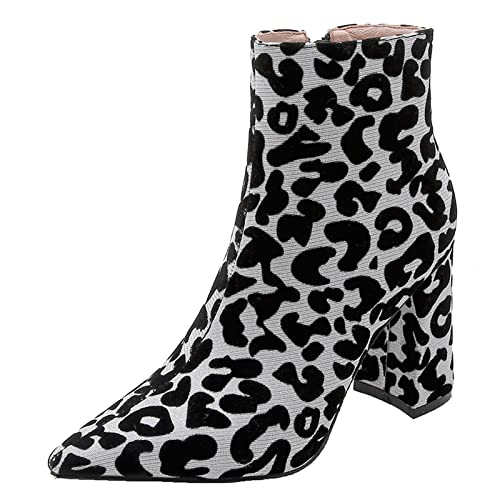Joliss Damen Mode Leopard Stiefeletten Damen Blockabsatz Stiefeletten Damen Pointed Toe Reißverschluss Stiefeletten Damen Party Stiefeletten Silber Gr 37 EU/38Cn von Joliss