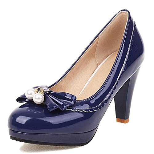 Joliss Damen Runde Zehen Pumps Damen Mode Bogen Couer Schuhe Damen Höhe Ferse Runde Zehen Pumps Blau Gr 44 EU/46Cn von Joliss