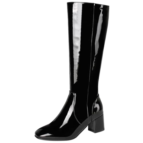 Joliss Damen Square Toe Hohe Stiefel Zip Warm Winter Blockabsatz Stiefel Schwarz Gr 34 EU von Joliss