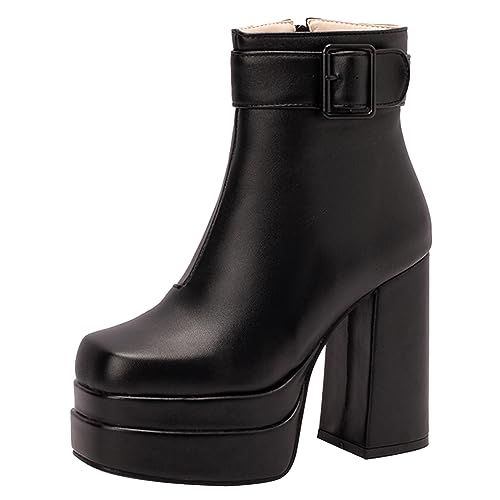 Joliss Damen Square Toe Stiefeletten Damen Plateau Stiefeletten Mit Schnalle Damen Blockabsatz Kurzschaft Stiefel Damen Reißverschluss Abend Kleid Stiefeletten Schwarz Gr 42 EU/44Cn von Joliss