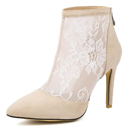 Joliss Damen Stiletto Abend Anzugstiefel Pointed Toe Anzugstiefel Mode Bestickt Anzugstiefel Back Zip Stiefeletten Beige Gr 42 EU/44Cn von Joliss