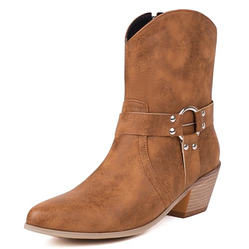 Joliss Damen Westernabsatz Westernstiefel Pointed Toe Westernstiefel mit Schnalle Slip-On Westernstiefel Retro Leisure Westernstiefel Braun Gr 35 EU von Joliss