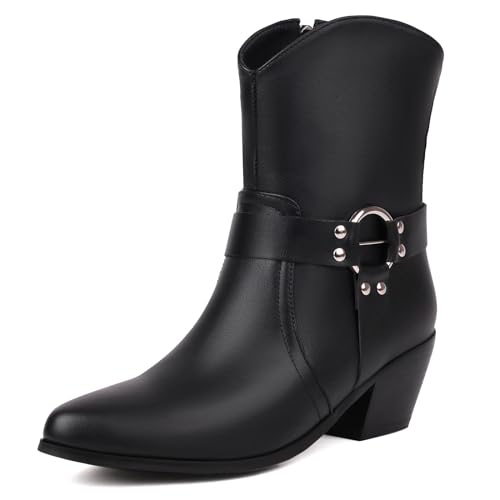 Joliss Damen Westernabsatz Westernstiefel Pointed Toe Westernstiefel mit Schnalle Slip-On Westernstiefel Retro Leisure Westernstiefel Schwarz Gr 46 EU/48Cn von Joliss
