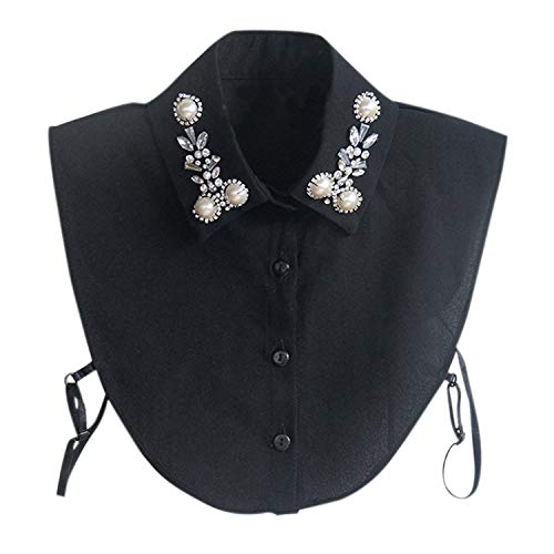 Jolisson Damen Abnehmbare Gefälschte Halb Revers Perle Vintage Schwarz Weiß Strass Hemdbluse Kragen mit Verstellbaren Bändern von Jolisson