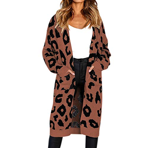 Jolisson Damen Lang Strickjacke Loeopard Muster Offen Cardigan Blazer Casual Strickmantel mit Taschen von Jolisson