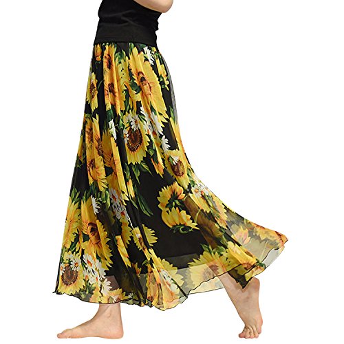 Jolisson Damen Maxi Rock Bohemian Chiffon Blumen Muster Sommerrock Hohe Taille Vintage Lang Strandrock von Jolisson