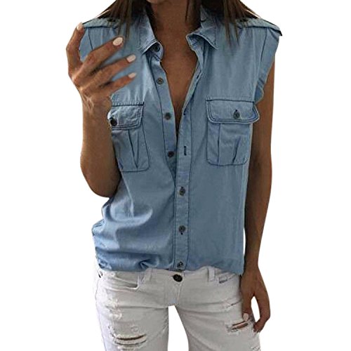 Jolisson Damen Sommer Jeans Bluse Ärmellos Brusttasche Loose Beiläufig Jeanshemd Weste Streetwear Oberteil von Jolisson