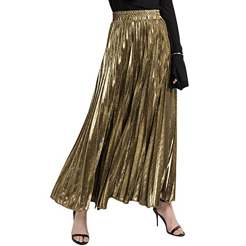 Jolisson Elastische Hohe Taille Damen Plisseerock Faltenrock lang Elegant A-Linie Swing Maxirock Retor Vintage Metallic Glänzend Sommer Herbst 36EU Gold von Jolisson