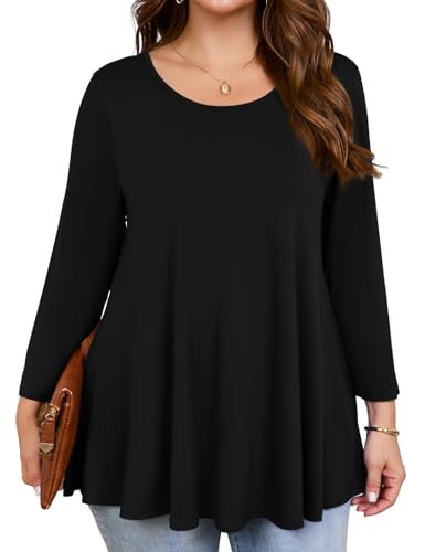 JollieLovin Damen-Tunika, 3/4-Ärmel, lockere Passform, schwingend, Basic-T-Shirt, Schwarz, 4X-Large von JollieLovin