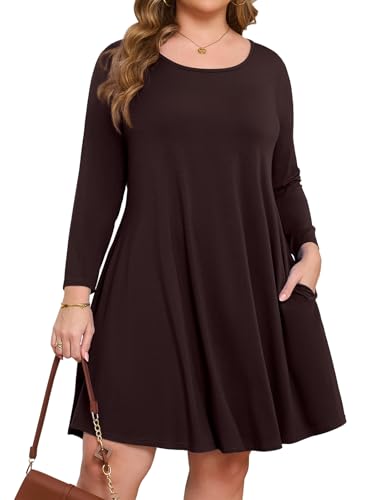 JollieLovin Damen-Tunika-Kleid mit 3/4-Ärmeln, Übergröße, lässiges Herbstkleid, Rundhalsausschnitt, T-Shirt, langes Tunika-Kleid, Kaffee, 3X-Groß von JollieLovin