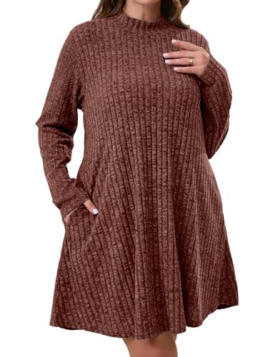 JollieLovin Damen-Pulloverkleid in Übergröße, Rollkragen, langärmelig, lässig, Herbst, Winter, Tunika-Kleid mit Taschen (L-5X), V2-Karamell, 4X von JollieLovin
