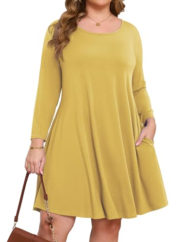 JollieLovin Damen-Tunika-Kleid mit 3/4-Ärmeln, Übergröße, lässiges Herbstkleid, Rundhalsausschnitt, T-Shirt, langes Tunika-Kleid, gelb, 5X-Groß von JollieLovin