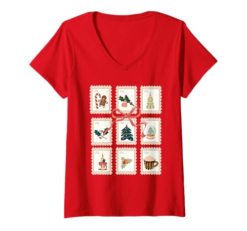 Damen Vintage Weihnachtsbriefmarken Weihnachtsmann Schneemann Elfe T-Shirt mit V-Ausschnitt Damen Vintage Weihnachtsbriefmarken Weihnachtsmann Schneemann Elfe T-Shirt mit V-Ausschnitt von Jolly Ho Apparel