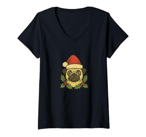 Damen Weihnachtsmütze Mops Weihnachtsmannmütze Stechpalme Holiday Cheer T-Shirt mit V-Ausschnitt Damen Weihnachtsmütze Mops Weihnachtsmannmütze Stechpalme Holiday Cheer T-Shirt mit V-Ausschnitt von Jolly Paws Workshop