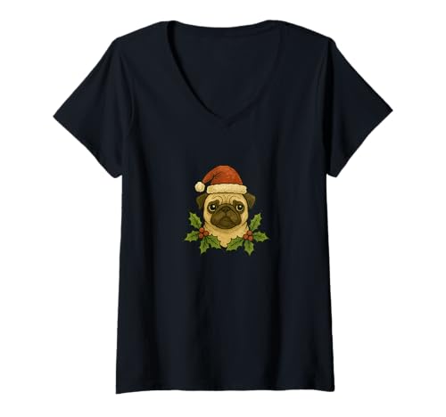 Damen Weihnachtsmütze Mops Weihnachtsmannmütze Stechpalme Holiday Cheer T-Shirt mit V-Ausschnitt Damen Weihnachtsmütze Mops Weihnachtsmannmütze Stechpalme Holiday Cheer T-Shirt mit V-Ausschnitt von Jolly Paws Workshop