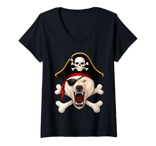 Damen Eisbär Pirat Jolly Roger Flagge Halloween Jungen Mädchen Kinder T-Shirt mit V-Ausschnitt Damen Eisbär Pirat Jolly Roger Flagge Halloween Jungen Mädchen Kinder T-Shirt mit V-Ausschnitt von Jolly Roger Polar Bear Pirate Halloween
