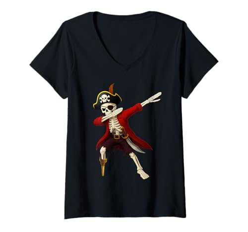 Damen Dabbing Skelett Pirat Jolly Roger Halloween Jungen Mädchen T-Shirt mit V-Ausschnitt von Jolly Roger Skeleton Pirate Halloween