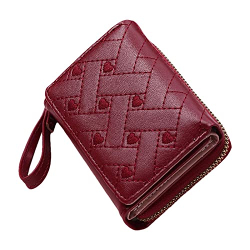 Jomewory Dreifach gefaltete Damen-Geldbörse, besticktes Herzmuster, Kreditkarten-Geldbörse für Damen, Mini-Handgelenk-Clutch, niedlicher Reißverschluss, Münzbörse mit Handgelenkschlaufe von Jomewory