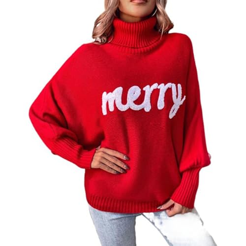 Jomewory Merry Rollkragenpullover | Merry Print Fledermausärmel Urlaub Pullover für Damen - Winter Outfits Pullover Pullover für Frauen und Mädchen für kaltes Wetter von Jomewory