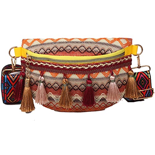 Jomewory Taillentasche im Folklore-Stil Umhängetasche im Boho-Stil, gewebt, leicht und langlebig, geflochtene Schultern, bunt, für Bad und Damen, modisch, Quaste, Ethnic Stil Chest Bag, gelb, 1 von Jomewory