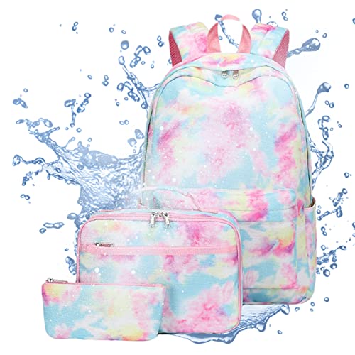 Jomewory Tie Dye Rucksack Set – Set aus Rucksack und Lunchtasche mit Federmäppchen | Computer-Rucksäcke für Jungen und Mädchen zum Färben von 3 Farben, Dreiteiliges Kostü mit Batik-Motiv, Gelb und von Jomewory