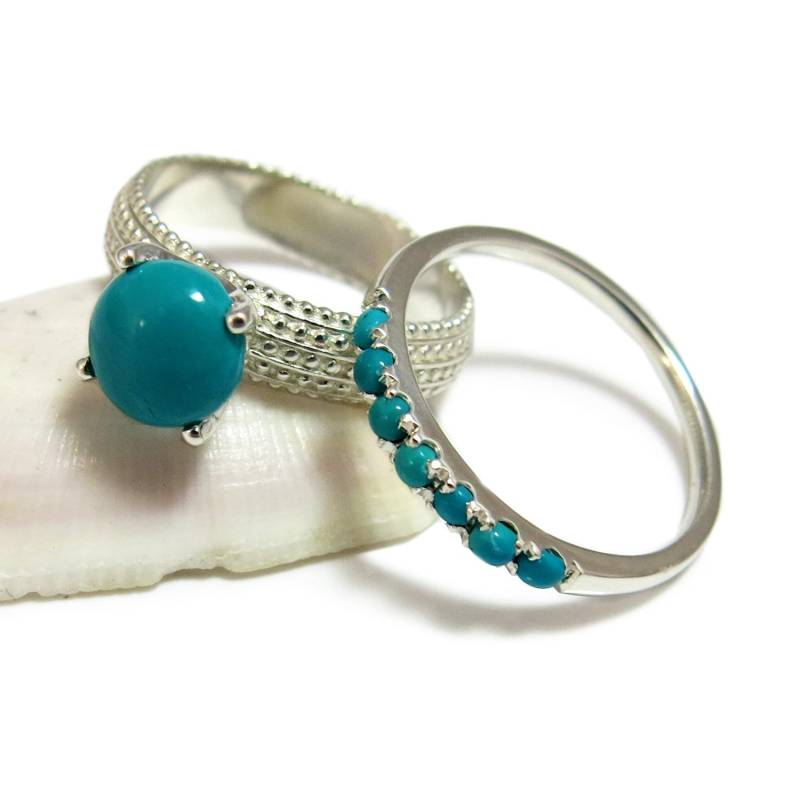 Engagement Und Hochzeits-Ringe Set, Türkisfarbenes Hochzeitsset, Boho Ring, Türkisfarbener Ring Frauen, Set von JonJonJewel