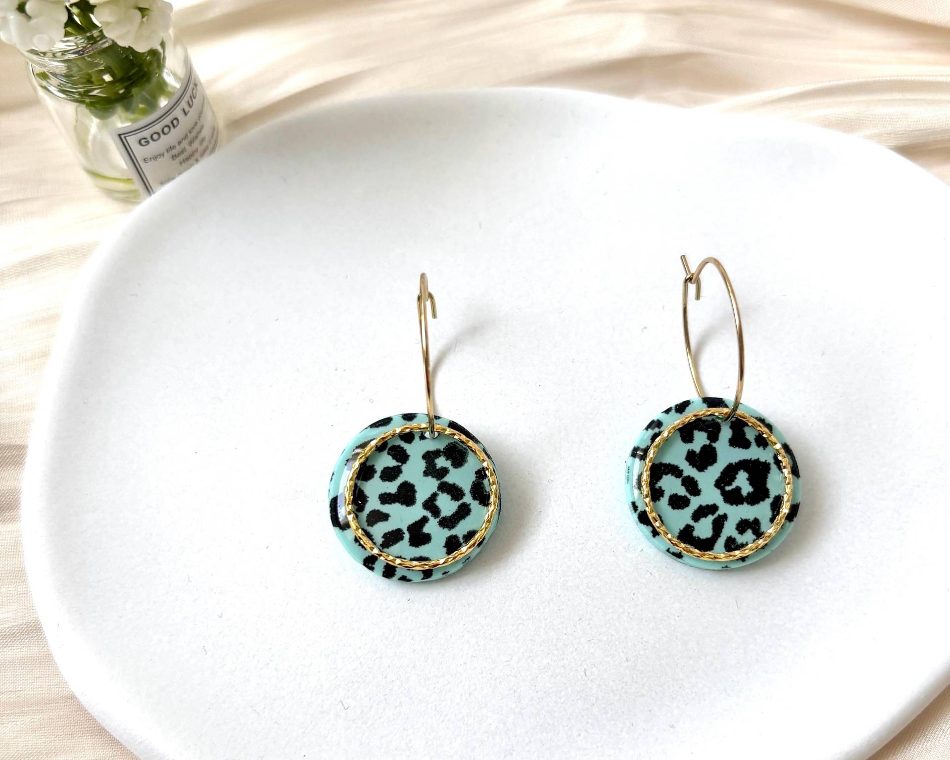 Grüne Creolen Ohrringe Mit Leoparden Muster | Polymer Clay Leo-Print 18K Vergoldet Leopardenmuster Fimo |statement von Jonellaa