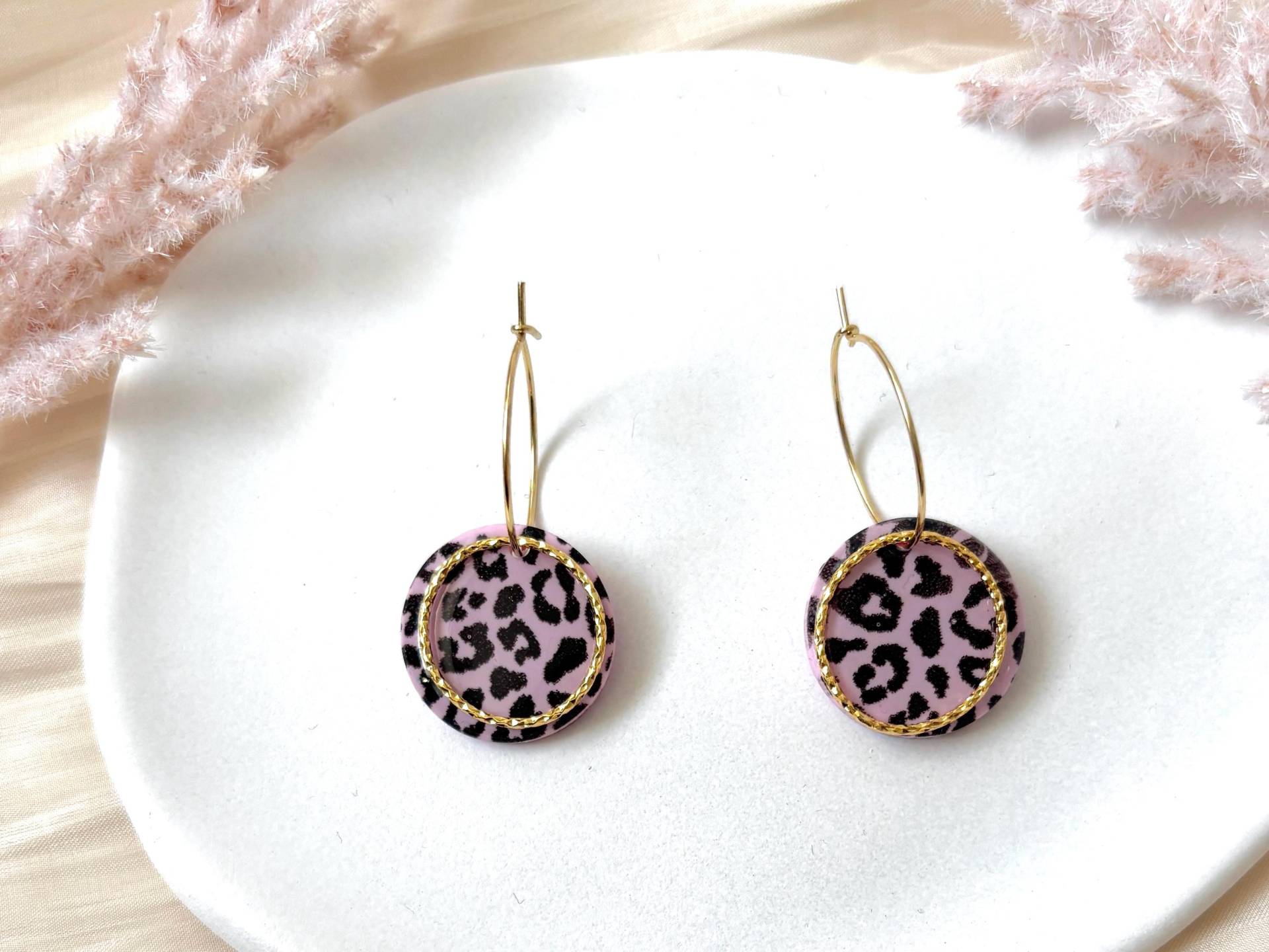 Pinke Creolen Ohrringe Mit Leoparden Muster | Polymer Clay Leo-Print 18K Vergoldet Leopardenmuster Fimo |statement von Jonellaa