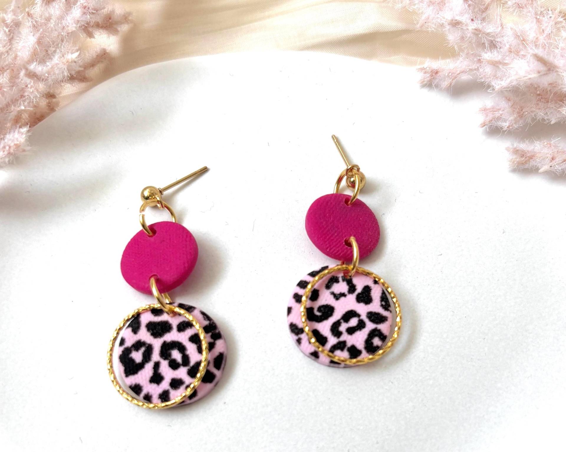 Rosa Ohrringe Mit Leoparden Muster | Polymer Clay Leo-Print 18K Vergoldet Leopardenmuster Fimo |statement von Jonellaa