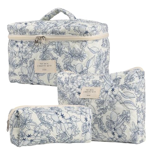 3 Stück Kosmetiktasche Damen Make Up Tasche, Gesteppte Kulturtasche Schminktasche Cosmetic Bag Mit Blumenmuster, Sehr Praktisch, Wasserdicht Und Schmutzabweisend, Tragbares Handheld von Jongyumo