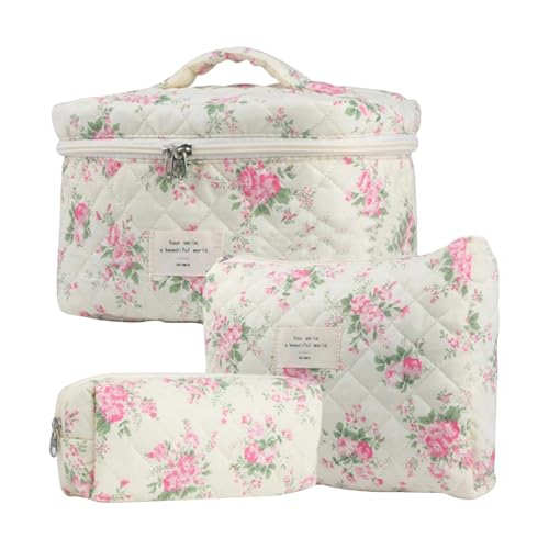 3 Stück Kosmetiktasche Damen Make Up Tasche, Gesteppte Kulturtasche Schminktasche Cosmetic Bag Mit Blumenmuster, Sehr Praktisch, Wasserdicht Und Schmutzabweisend, Tragbares Handheld von Jongyumo